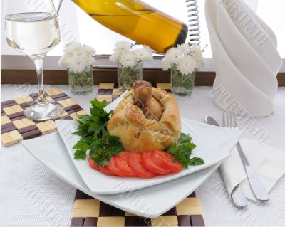 Chicken leg stuffed with mushrooms in pastry