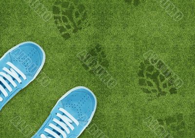 Shoe print on green grassland
