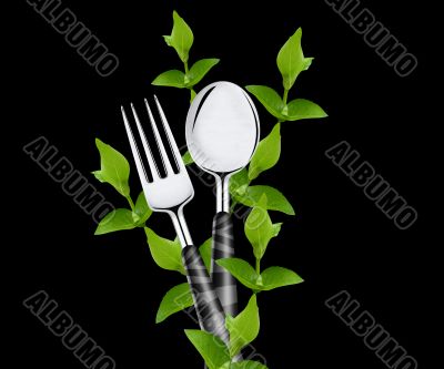 green leaves around fork and spoon