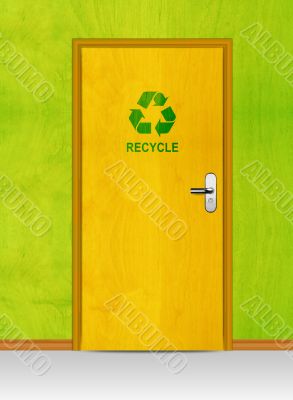 wooden door with recycle sign