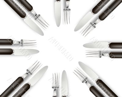 Empty copy space circle in set of knives and forks