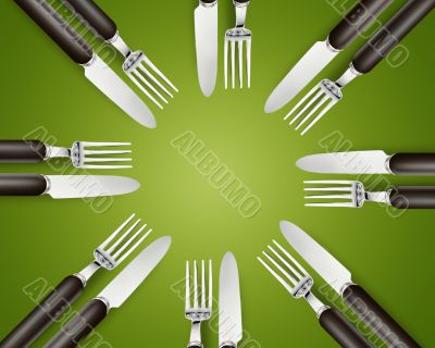 Empty copy space circle in set of knives and forks