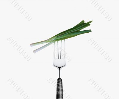 green onion pierced by fork,  isolated on white background 