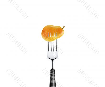 Pear pierced by fork,  isolated on white background 