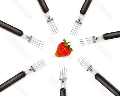 one strawberry between set of forks