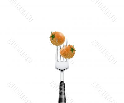 Tomato pierced by fork,  isolated on white background 