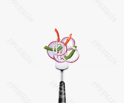 set of vegetables slices pierced by fork,  isolated on white bac