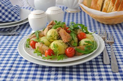 Baked potatoes with chicken and tomato