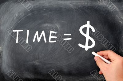 `Time is money` handwritten with white chalk