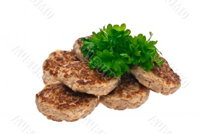 cutlets, parsley, white background, isolated