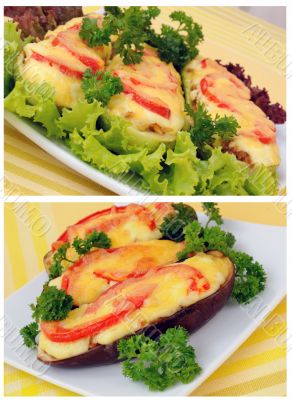  A collage of stuffed eggplant and zucchini