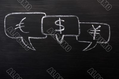Three speech bubbles for Euro, dollar and yuan