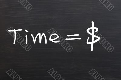 `Time is money` handwritten with white chalk on a blackboard 