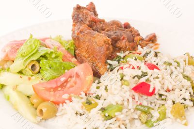 Roast lamb with rice and salad