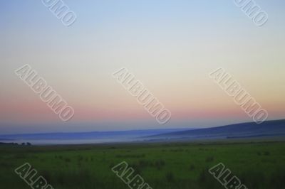 Early summer morning, green meadow and mist over