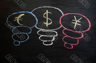 Euro, dollar and yuan symbol drawn with chalk on a blackboard