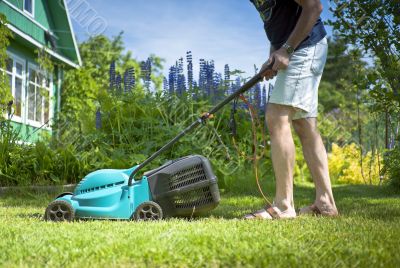 Man mowing the lawn in the yard