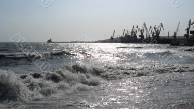 panorama of the everning sea with docks