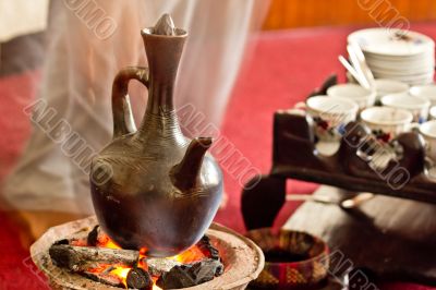 Brewing coffee with Jebena using coal 