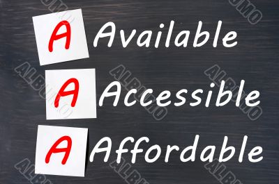 Acronym of AAA - available, accessible. affordable written on a blackboard 