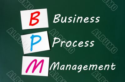 Acronym of BPM - Business Process Management written on a chalkboard 