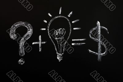 Conceptual idea of light bulb drawn on black chalkboard 
