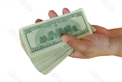 dollars in the hand on white dollars in the hand on white