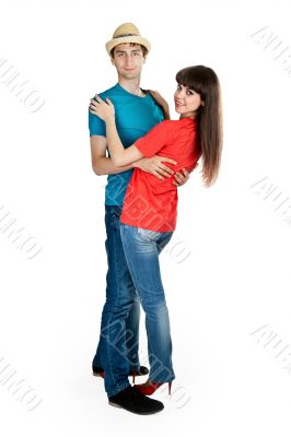guy in a straw hat and a girl in studio