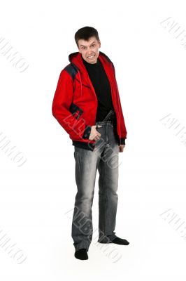 young thug in a red sweater with a gun