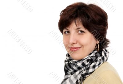 portrait of a woman forty years in a checkered scarf