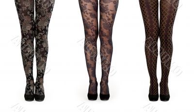 A collage made up of three pairs of female legs in pantyhose and