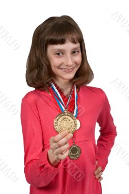 Girl shows gold medal