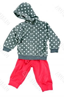 gray hooded sweater children`s polka dot pants with red