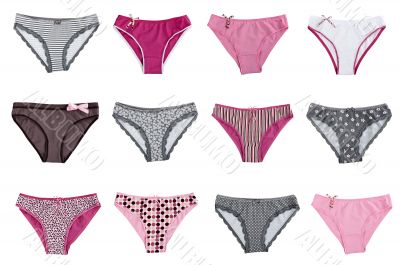 A collage made up of twelve female panties isolated on white bac