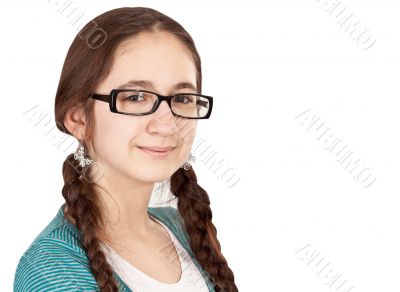 Teen girl with pigtails wearing glasses