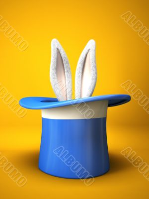 Blue top hat with rabbit ears isolated on yellow background Blue top hat with rabbit ears isolated on yellow background