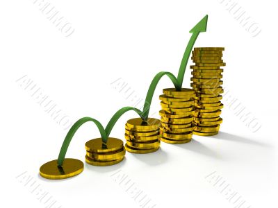 Business Graph with arrow and coins showing profits and gains