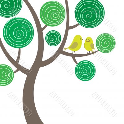 Decorative composition with two birds on the tree Decorative composition with two birds on the tree