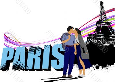 3D word Paris on the Eiffel tower grunge background with kissing