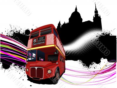 Grunge London images with double decker red bus image. Vector il