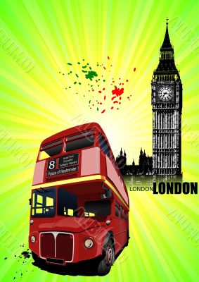 Grunge London images with buses image. Vector illustration