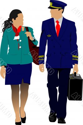 Flight crew. Cheerful pilot and stewardess with trolley, isolate