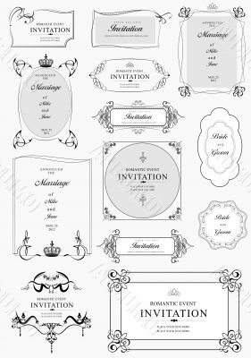 Set of ornate vector frames and ornaments with sample text. Perf