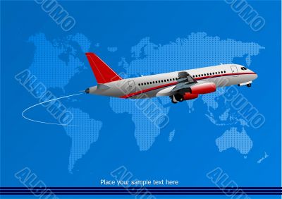 Blue abstract background with passenger plane and world map imag