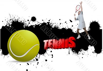 Grunge tennis poster with tennis ball and player,vector illustra