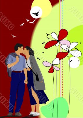 Flower background with kissing couple. Vector illustration Flower background with kissing couple. Vector illustration