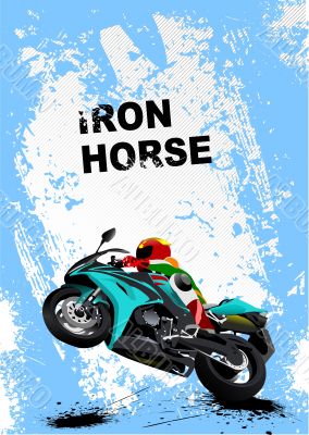 Grunge blue background with motorcycle image. Iron horse. Vector