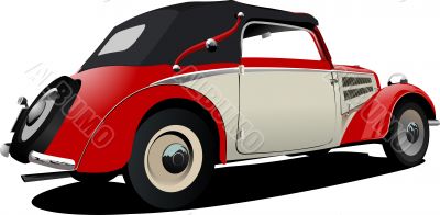 Red-white 50-years car cabriolet on the road. Vector illustratio