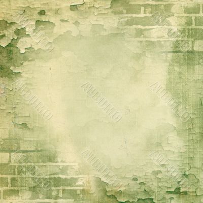 Green wall, brick, cracked paint Green wall, brick, cracked paint