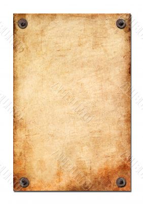 The sheet of an old paper is attached by nails The sheet of an old paper is attached by nails